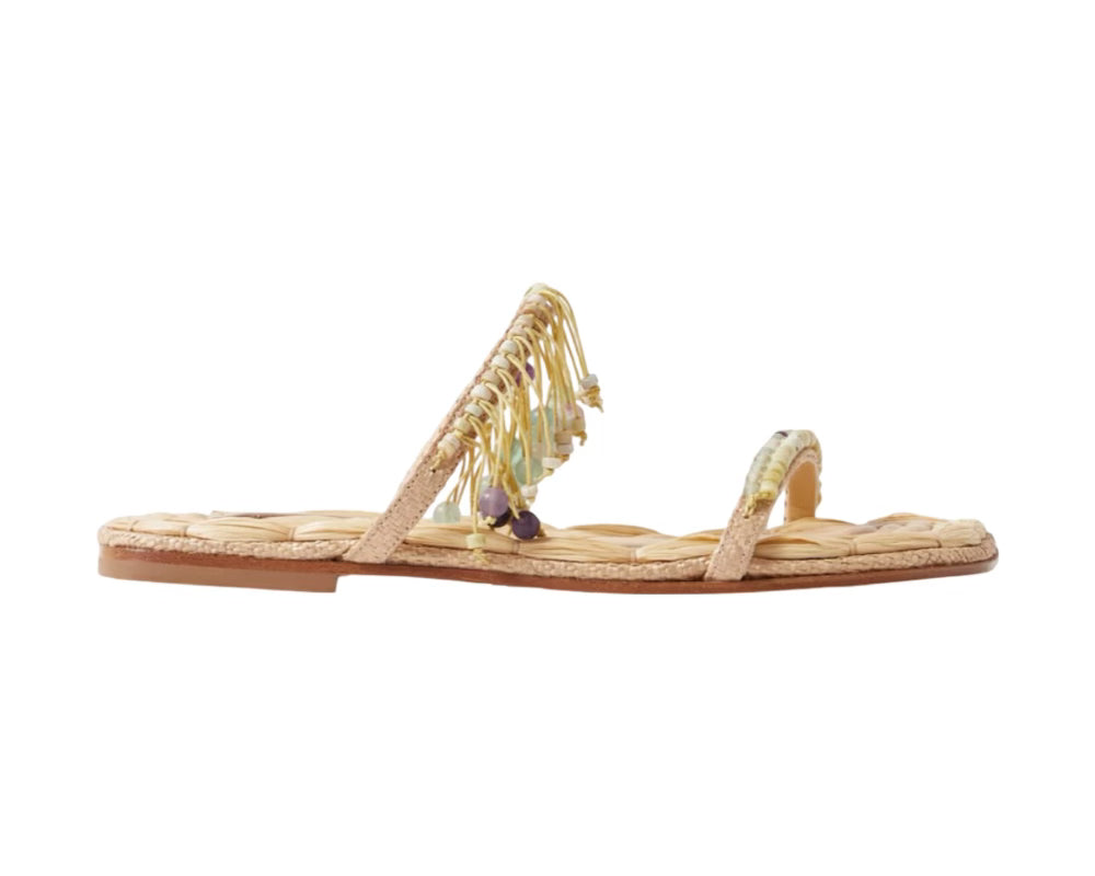 Fringed Bead-embellished Raffia Sandals