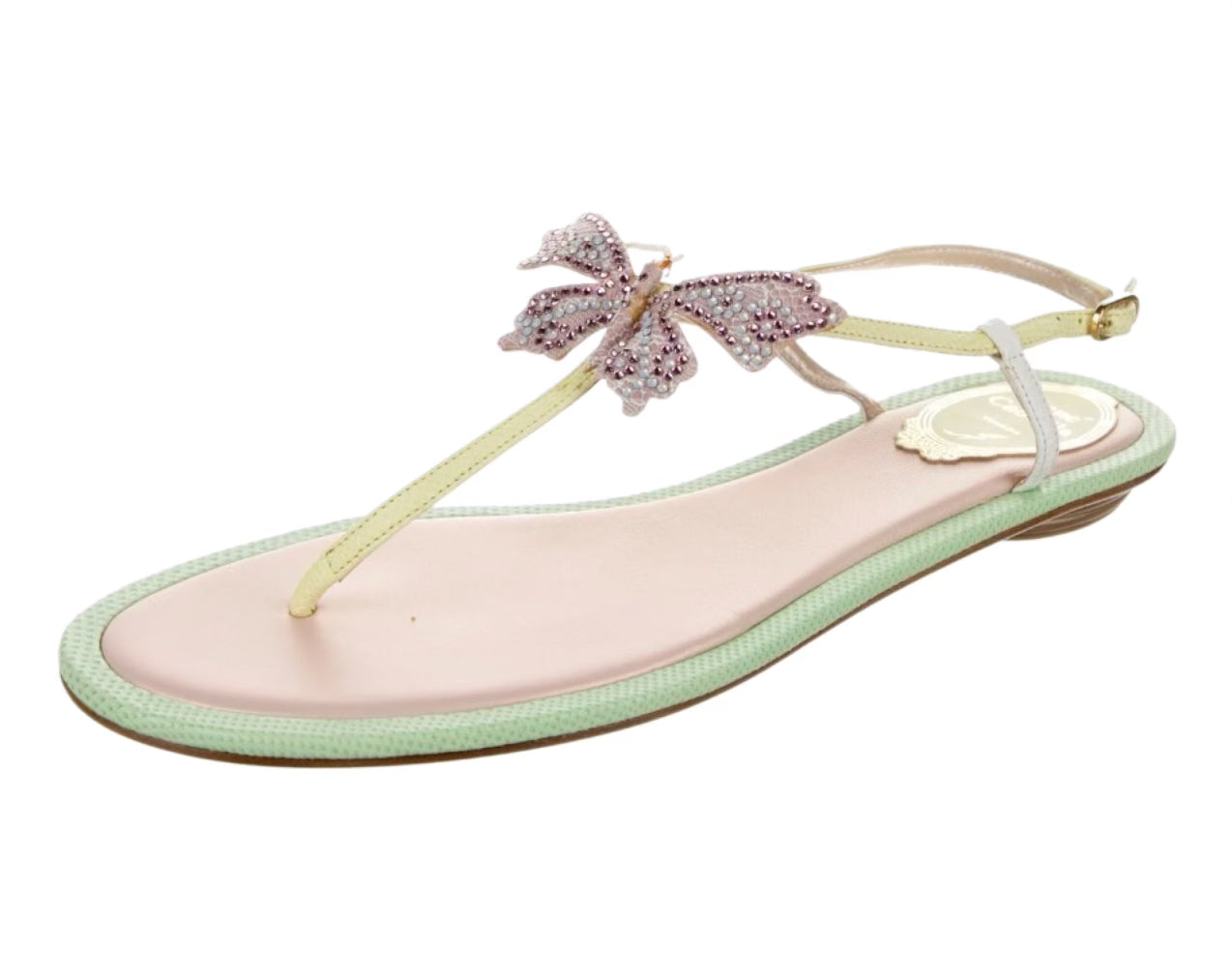 Leather Crystal Butterfly Embellished T-Strap Sandals