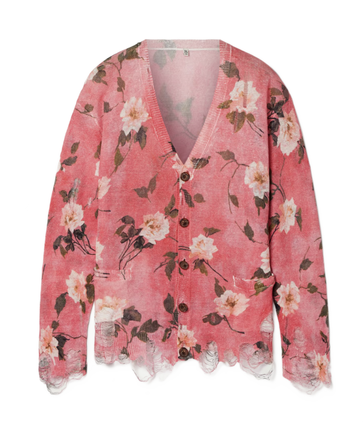 Oversized Distressed Floral-print Linen Cardigan