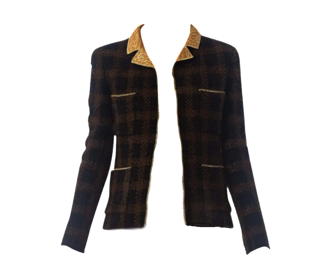 1990S CHANEL Black & Brown With Gold Lamé Wool Suit