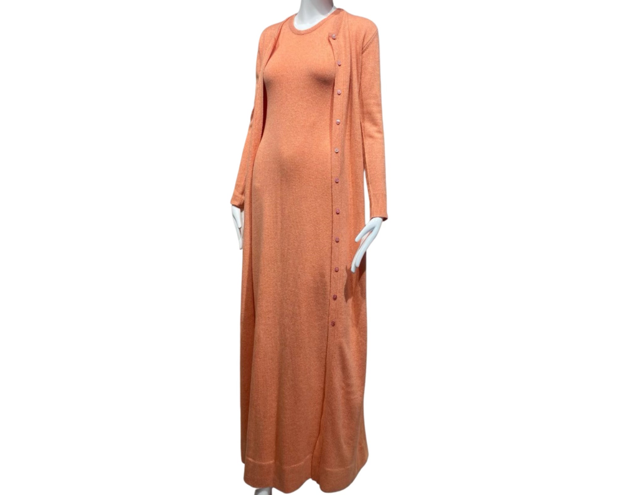 1970s Halston Tangerine Cashmere Maxi Sleeveless Dress and Cardigan Set