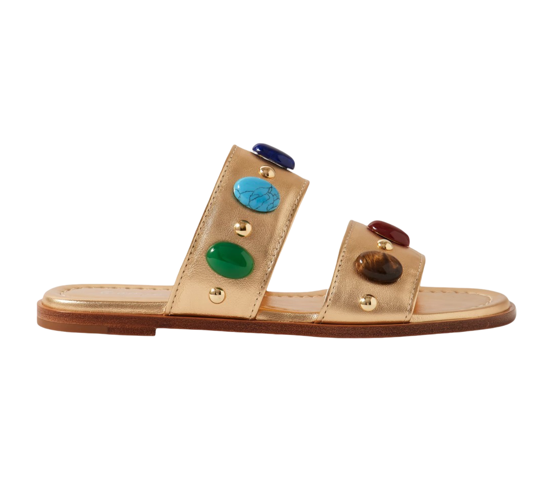 Embellished Metallic Leather Slides
