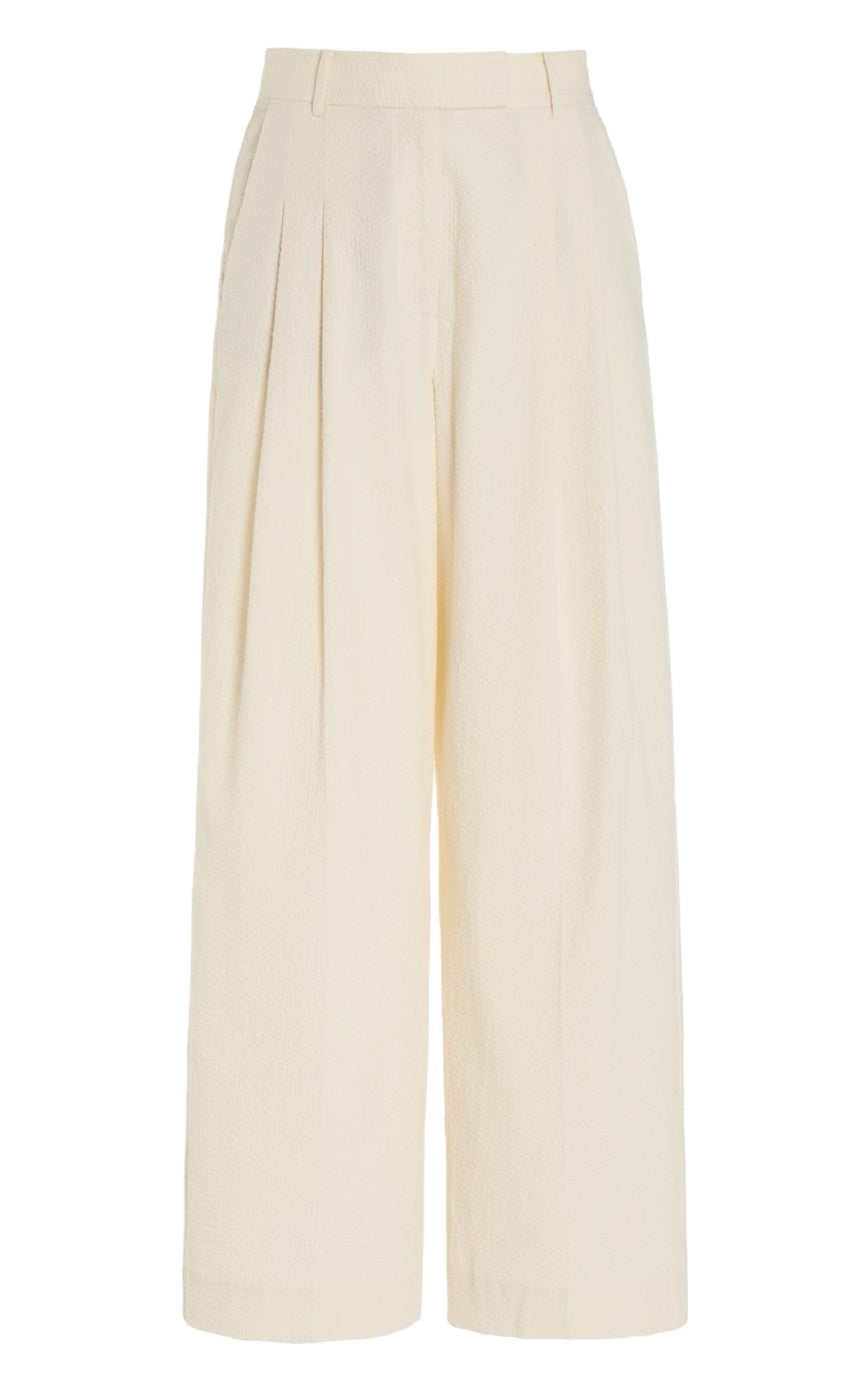 Textured Cotton Pleated Wide-Leg Trousers