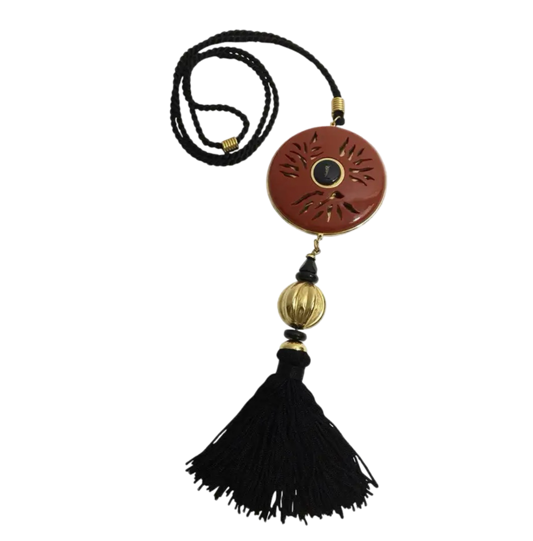 1970s Vintage Opium Pendant & Gold Bead Black Tassel Necklace