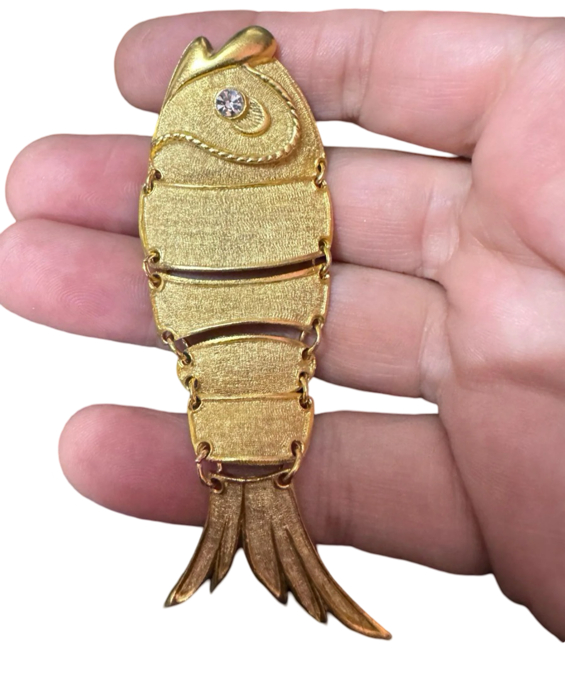 Vintage Articulated Brushed Gold Tone Fish Brooch