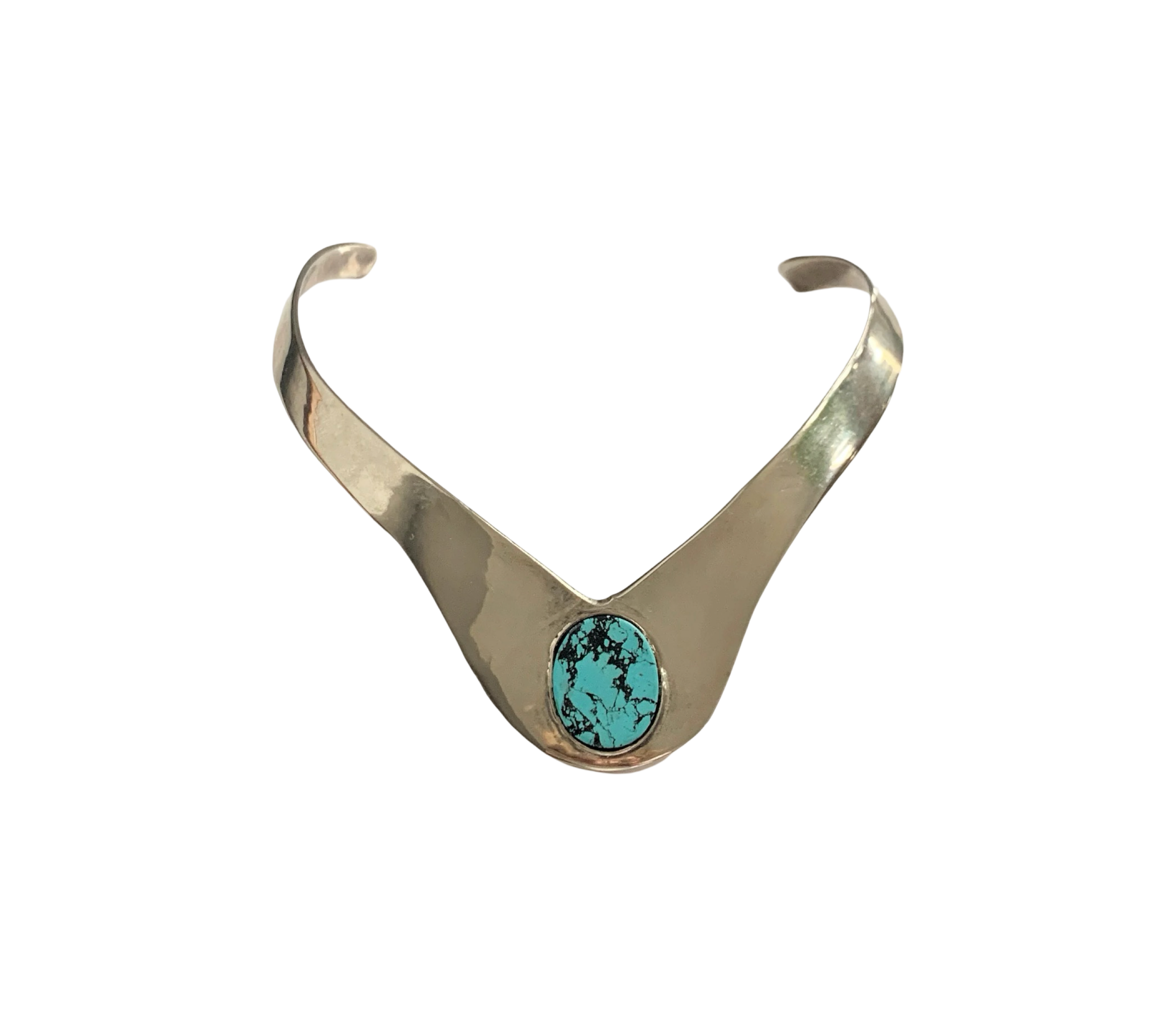 Silver Tone Round Edge Collar with Flat Oval Turquoise Set in Hand Made Bezel