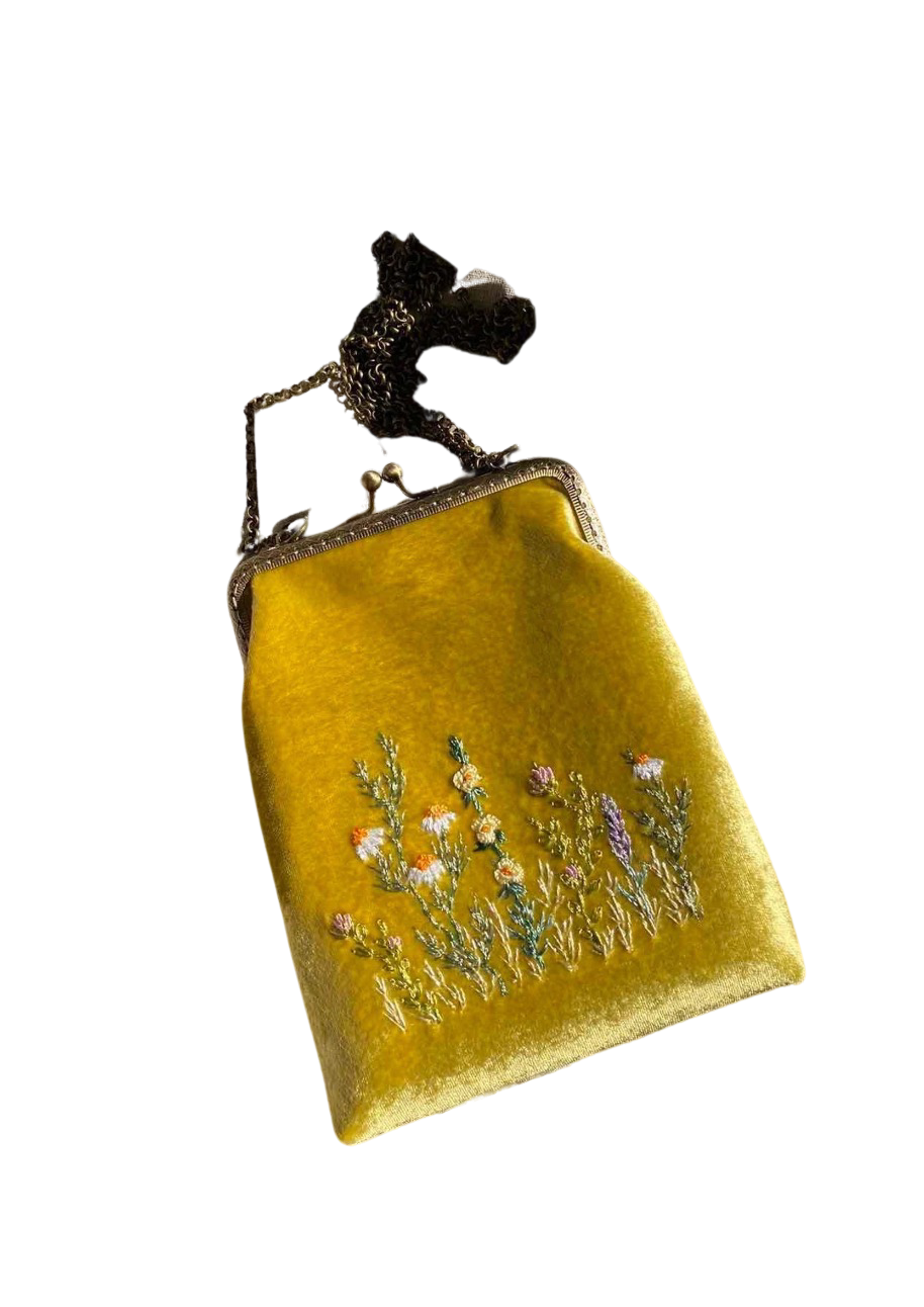 Yellow Velvet Bag With Embroidered Flowers