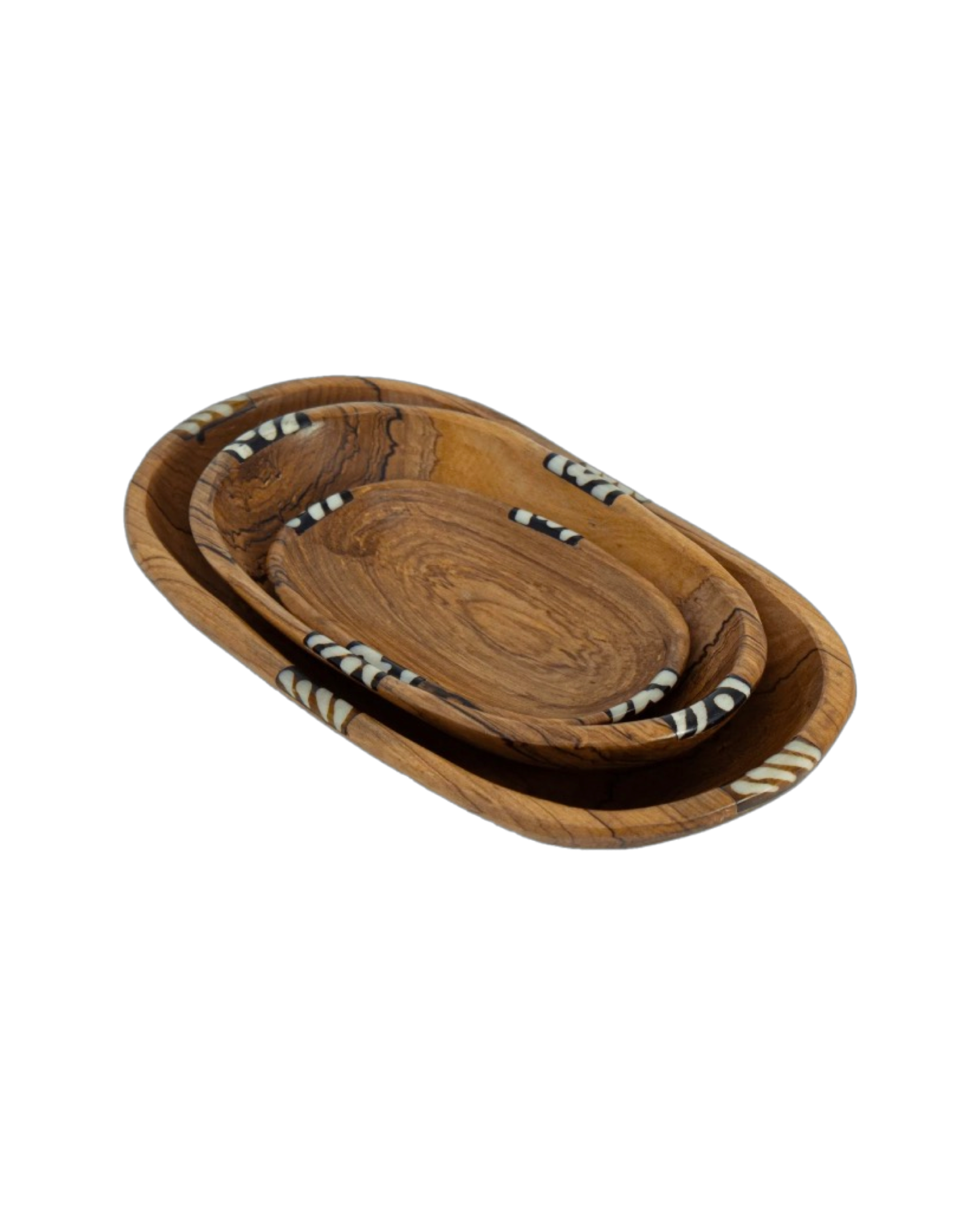 Global Crafts Nested Oval Olive Wood Serving Bowls With Bone Inlay Accent