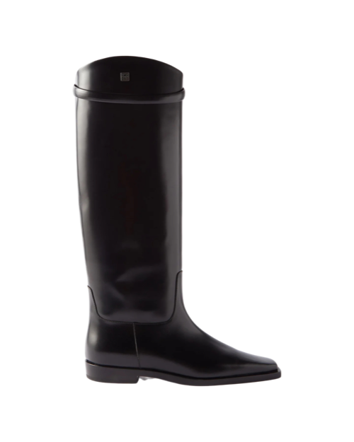 Square-Toe Leather Knee-High Boots
